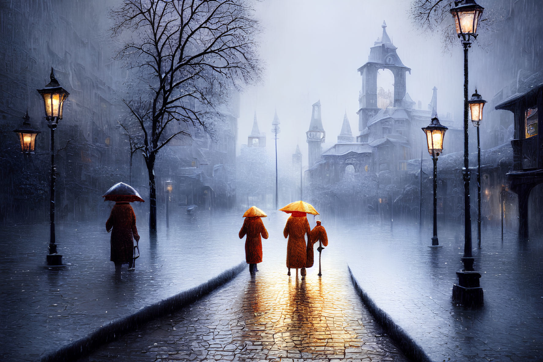 Three People Walking with Umbrellas on Rainy Cobblestone Street