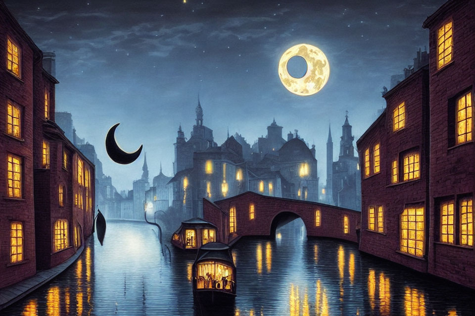 Nighttime cityscape with two moons, crescent and full, over illuminated bridges and canals