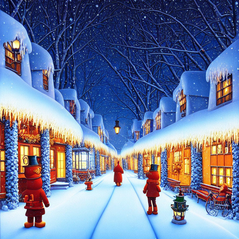 Snow-covered houses and glowing street lamps in a winter evening scene