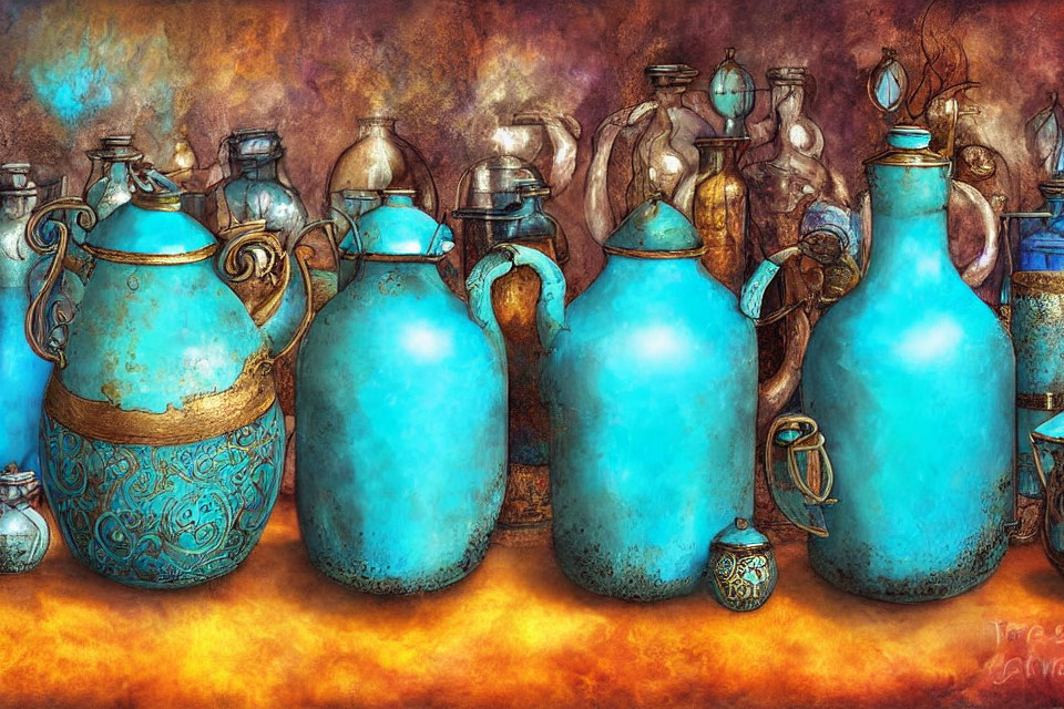 Vintage pitchers and bottles with intricate designs on a warm, textured background