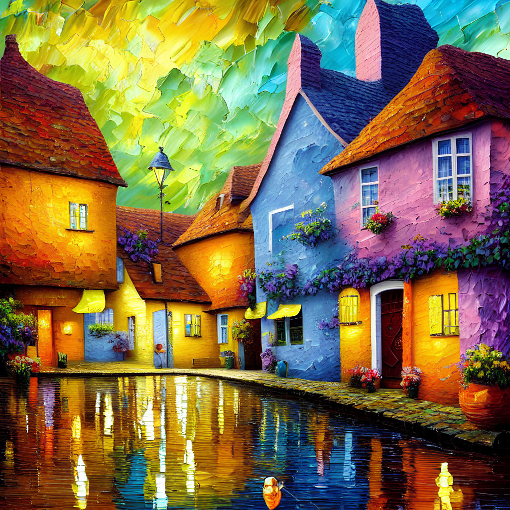 Quaint village houses with thatched roofs by water canal, vibrant sky