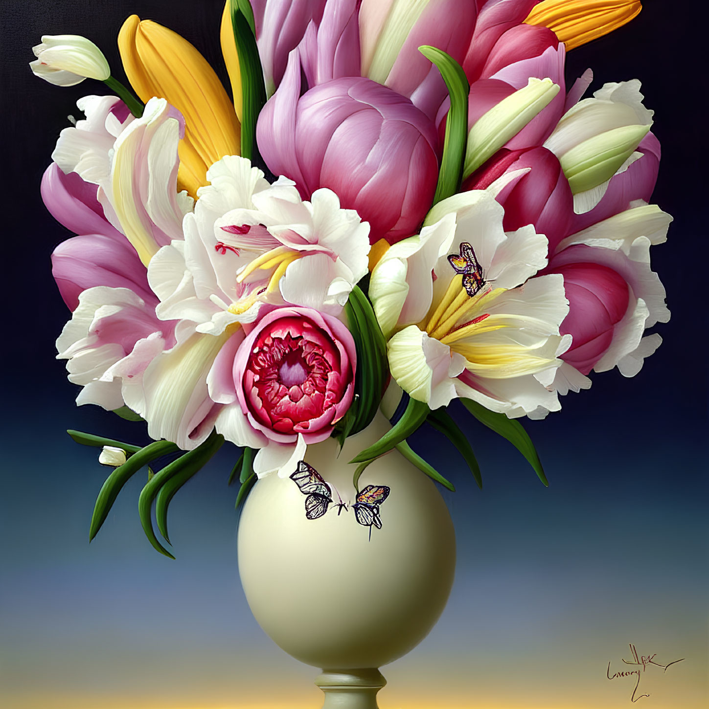 Colorful Flower Bouquet in Cream Vase with Butterflies on Dark Background