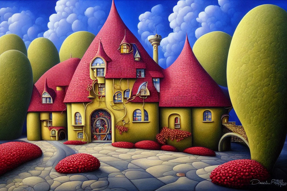 Colorful illustration of whimsical house with red roofs, round doors, and yellow walls under blue skies
