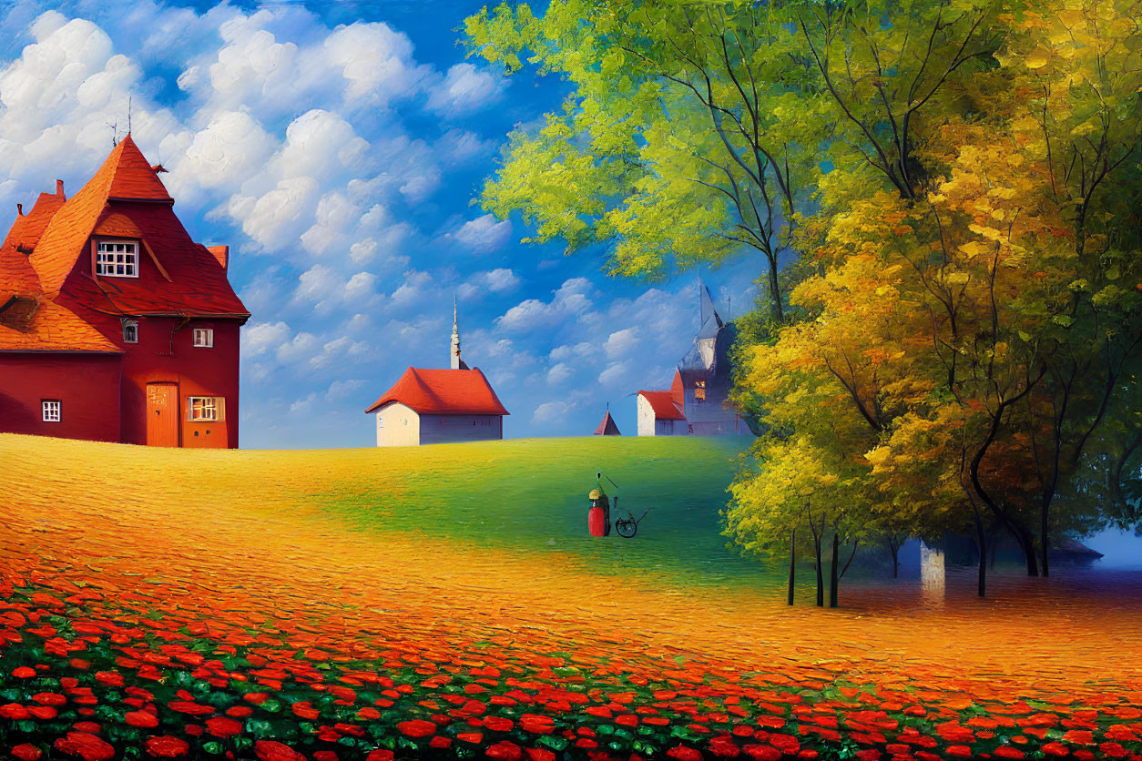 Colorful landscape with red-roofed houses, red flowers, yellow tree, clouds, and cyclist