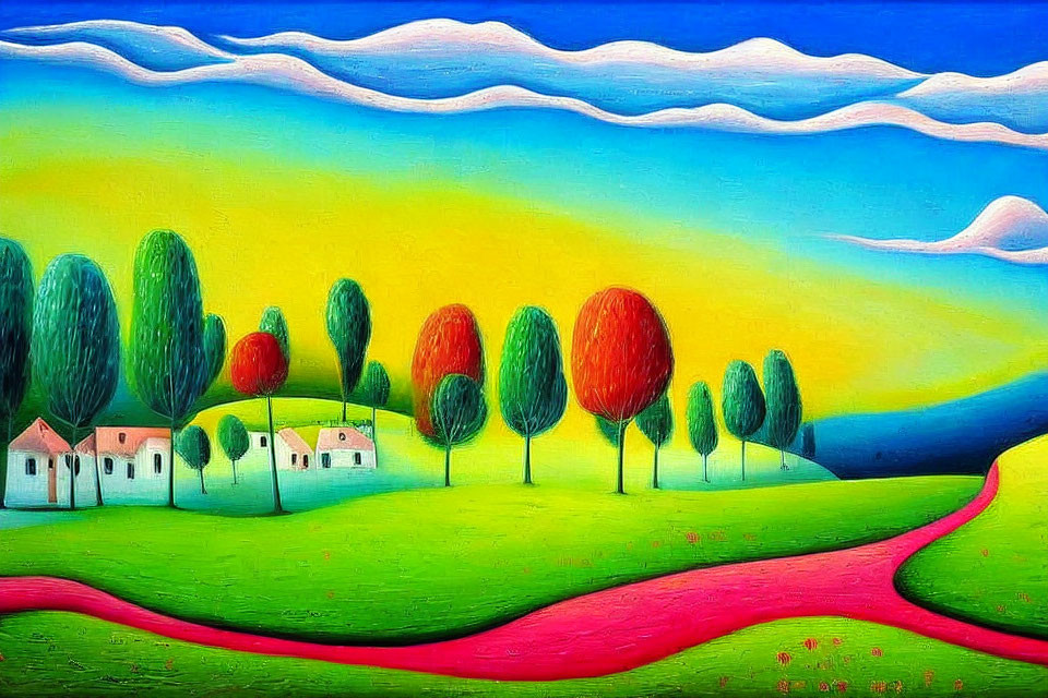 Colorful Trees and Quaint Houses in Vibrant Landscape