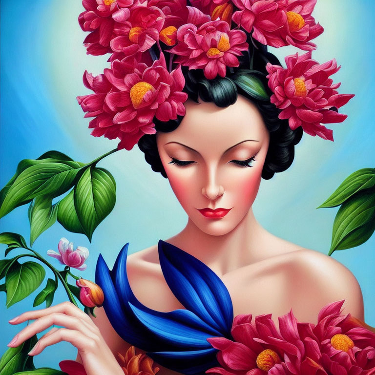 Woman with Pink Flowers in Hair Surrounded by Blue and Red Flowers on Vibrant Blue Background