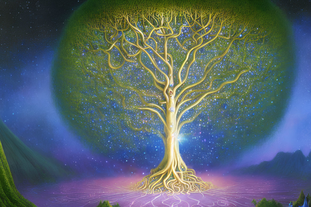 Majestic tree illuminated by golden light in starry sky with green aurora bubble