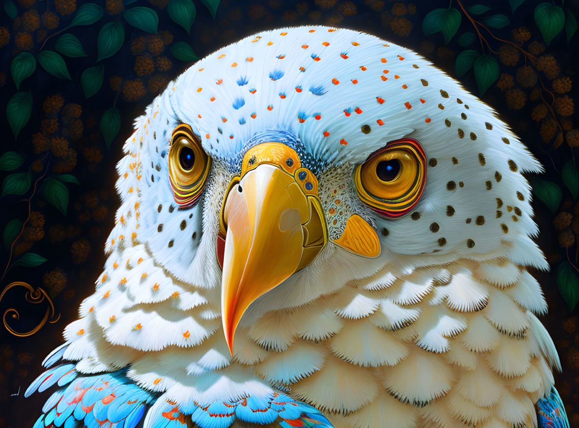 Detailed White Eagle Illustration with Blue Patterns on Feathers