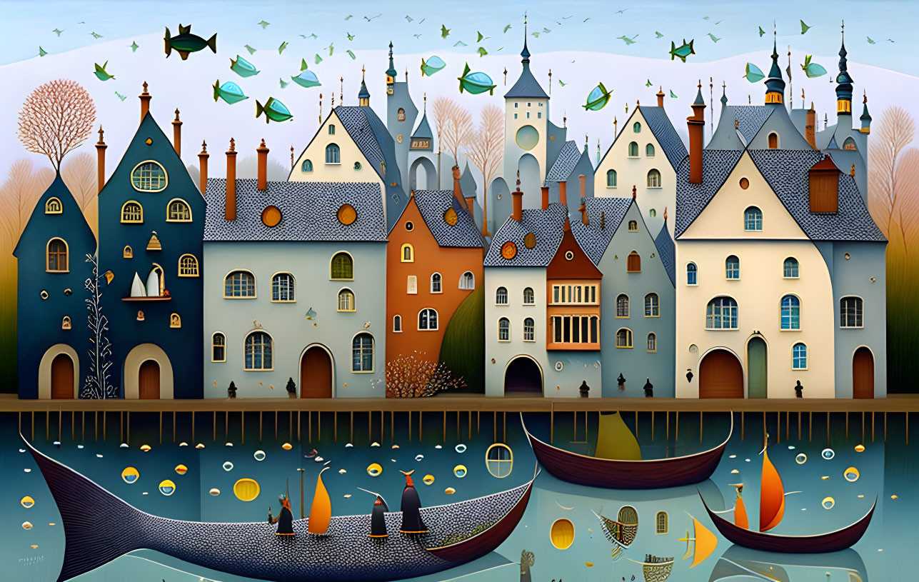 Colorful Town Illustration with Playful Fish and Flying Boats