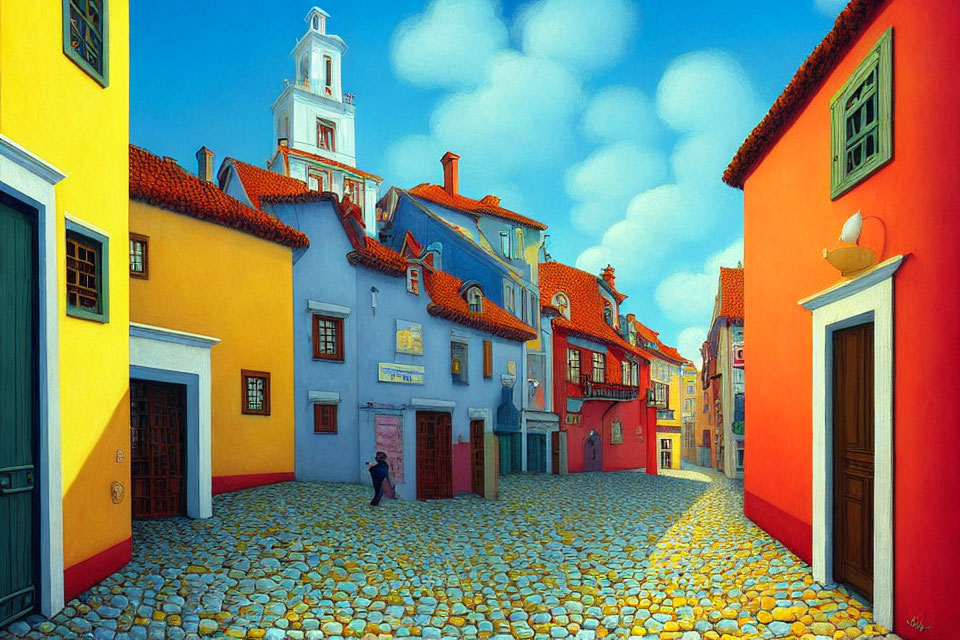 Colorful street scene with cobblestone pavement and figure by yellow house
