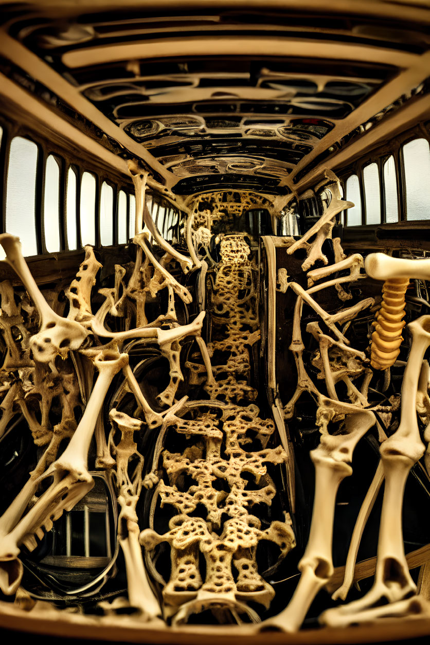 Vintage Car Interior Filled with Bones and Skeletons