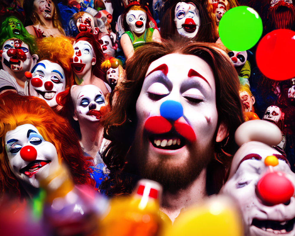 Person with clown face paint among colorful masks and balloons