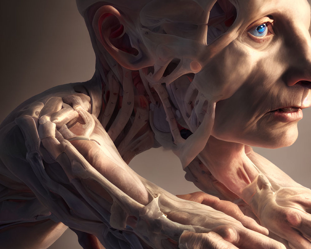 Detailed digital artwork of humanoid figure's musculature and skeletal structure.
