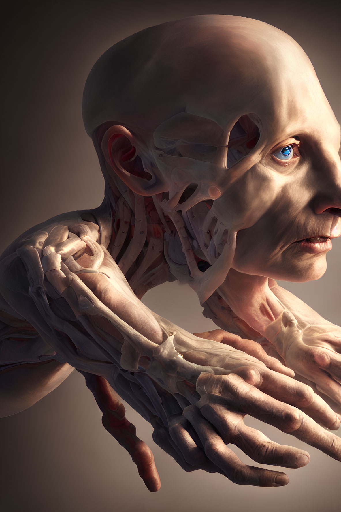 Detailed digital artwork of humanoid figure's musculature and skeletal structure.
