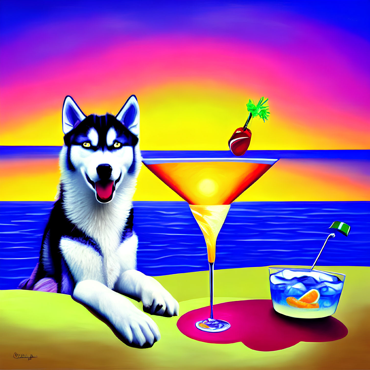 Siberian Husky with cocktail on beach at sunset