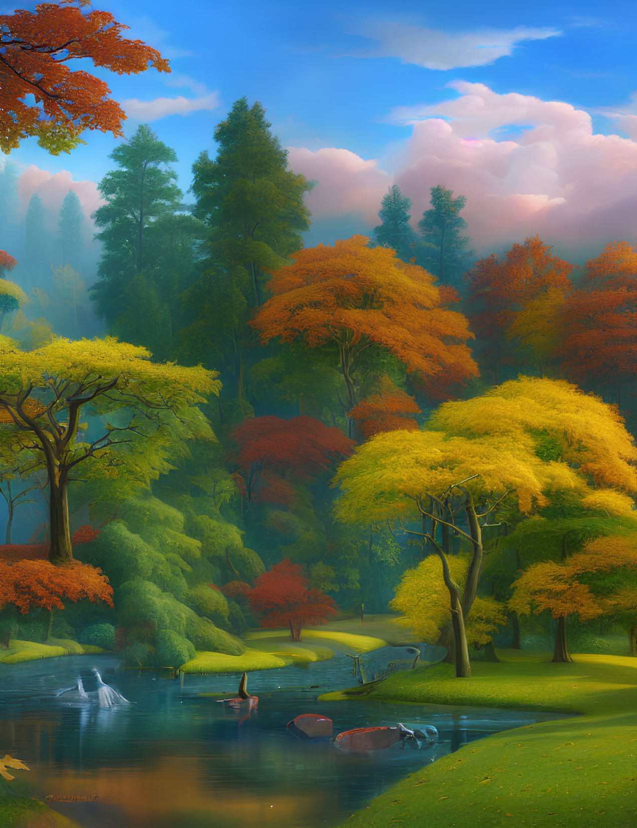 Tranquil autumn landscape with colorful trees, calm river, ducks, and blue sky