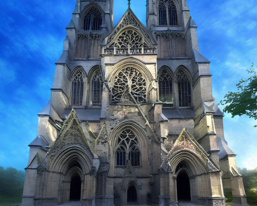 Gothic Cathedral with Two Spires and Intricate Facade