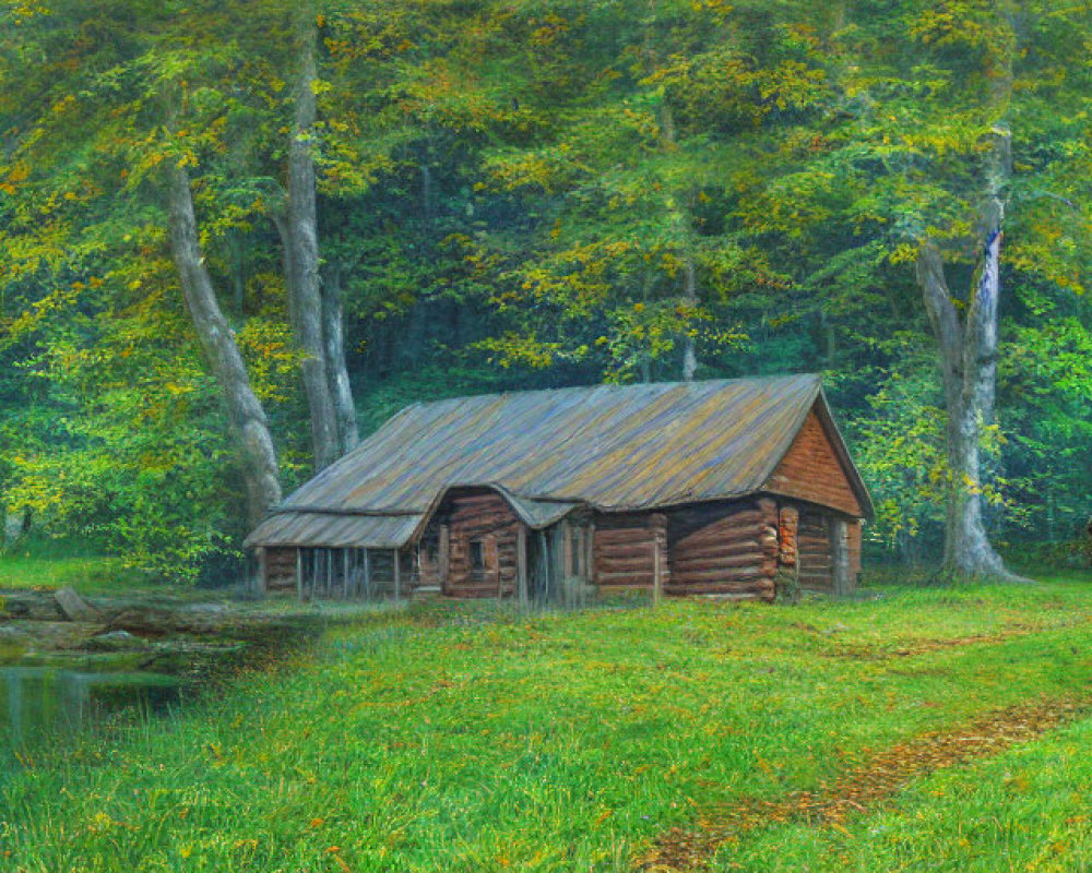 Rustic wooden cabin in autumnal forest with pond and horse cart