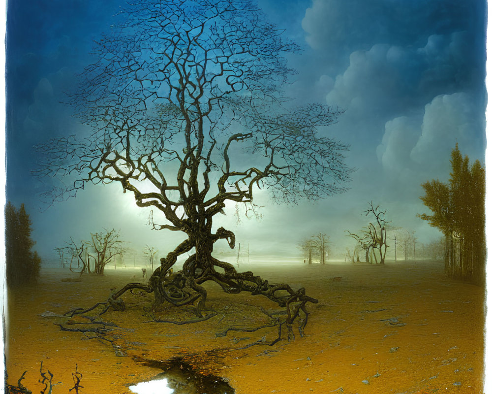 Surreal landscape painting: twisted tree, vibrant colors, looming cloud