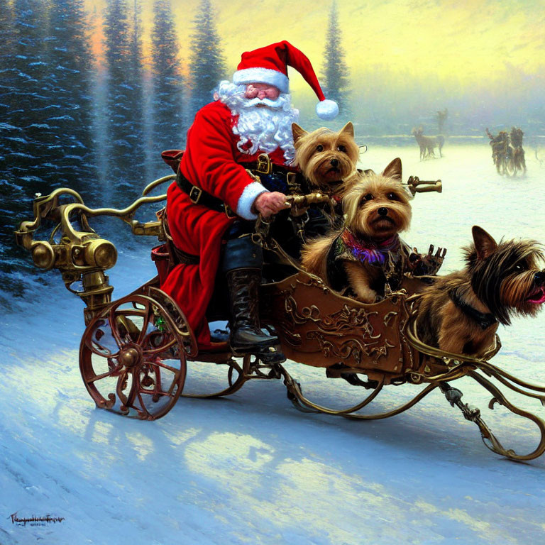 Vintage sleigh pulled by small dogs in snowy landscape with reindeer