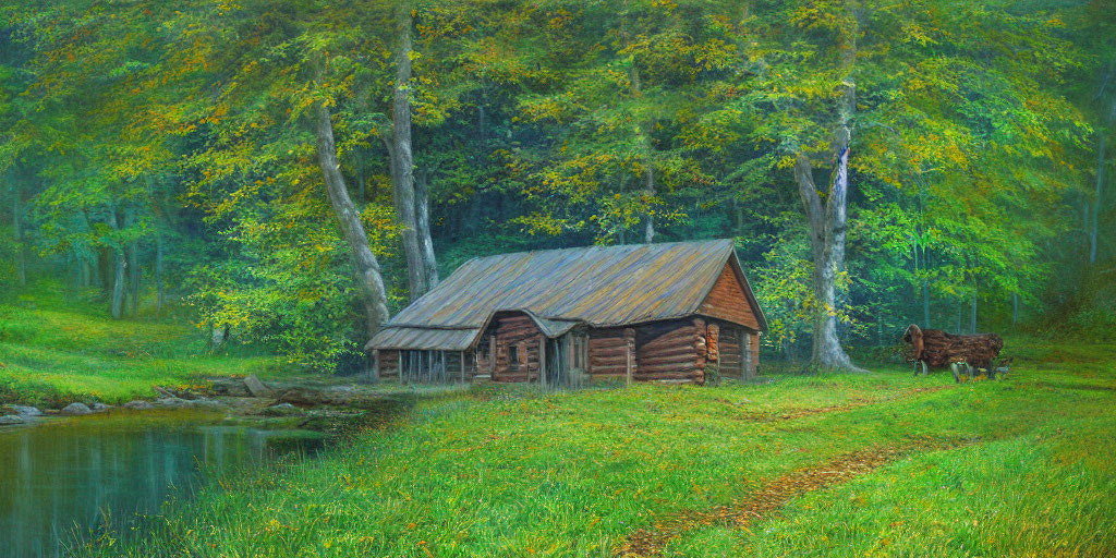 Rustic wooden cabin in autumnal forest with pond and horse cart