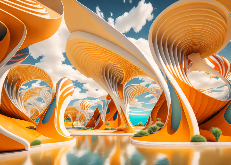 Surreal Landscape with Orange and White Structures Reflecting on Water