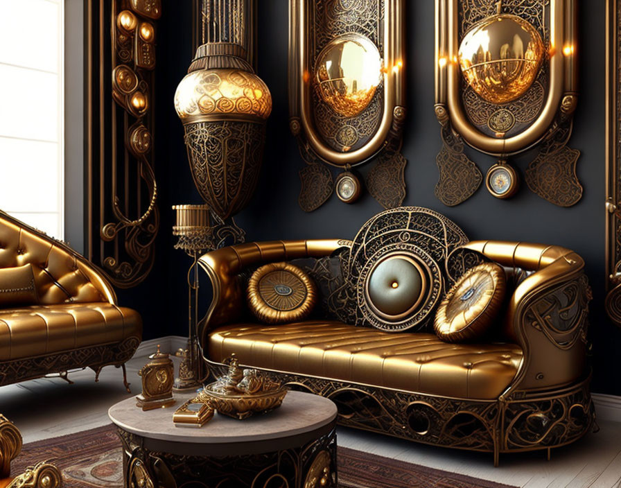 Luxurious Golden Sofa, Round Mirrors, and Opulent Decor in Elegant Room