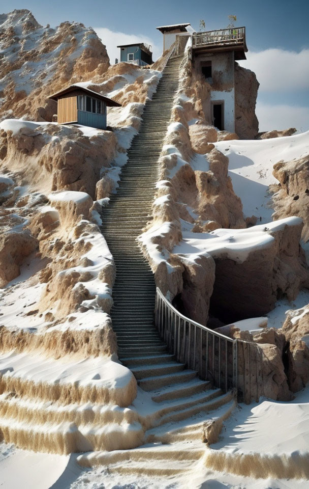 Snowy Landscape with Staircase Leading to Small Building