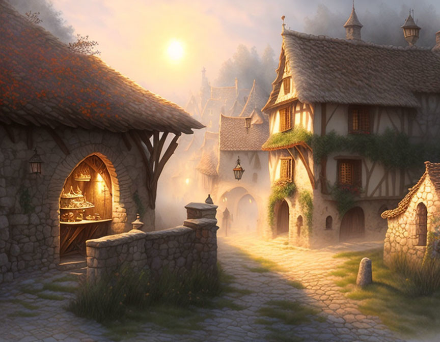 Medieval village at sunset: cobblestone streets, thatched houses, lanterns, bakery