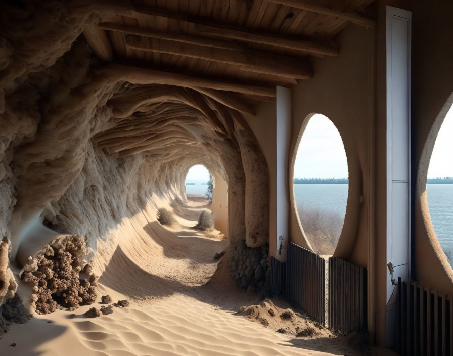 Coastal Cave Interior with Arched Openings and Sea View