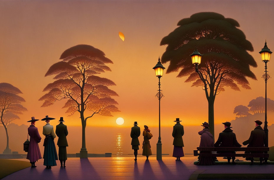 Figures strolling on promenade at sunset with hot air balloon