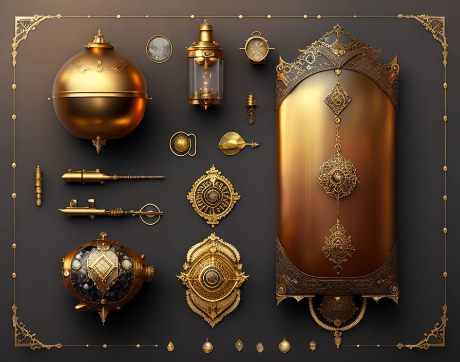 Golden ornate mirror, clock, perfume bottle, compass, and jewelry on dark background