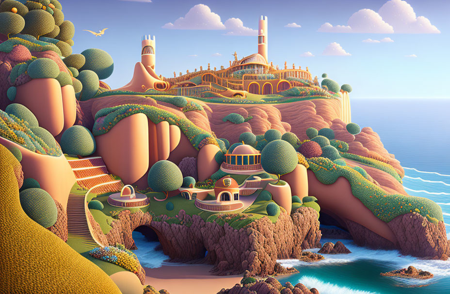 Colorful landscape with fantastical architecture on vibrant cliffs