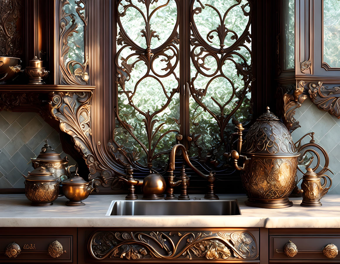 Elaborately carved wooden kitchen with metallic sink and vintage teapots