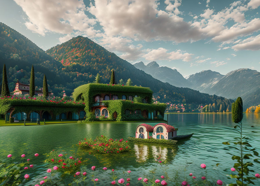 Ivy-covered building near lake with mountains and vibrant flowers