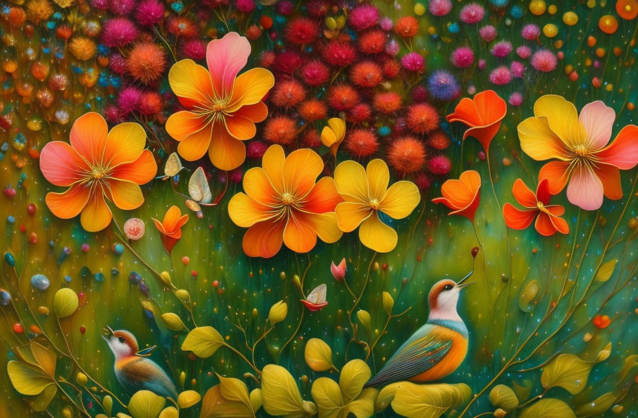 Colorful Garden Scene with Flowers and Birds in Lush Greenery