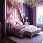 Opulent gold and pink bed in luxurious bedroom with chandelier and greenery view