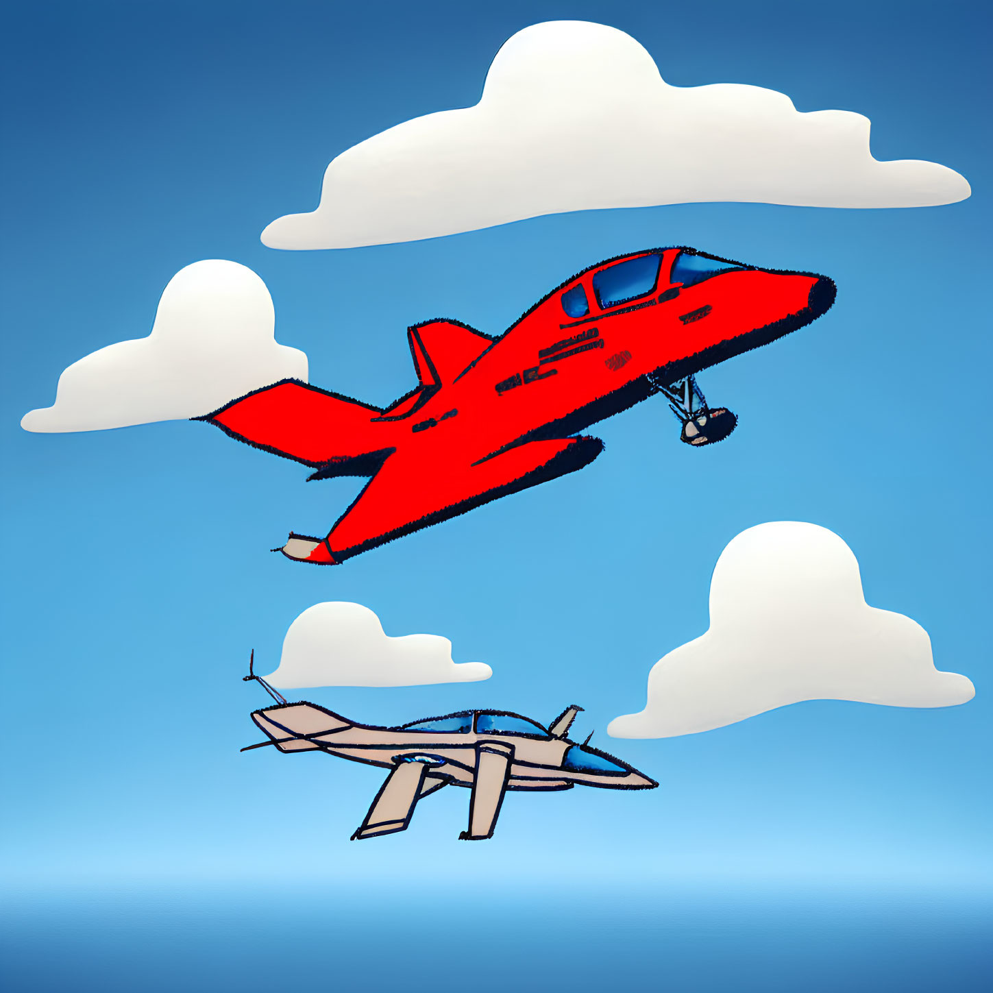 Cartoon airplanes flying in blue sky among clouds