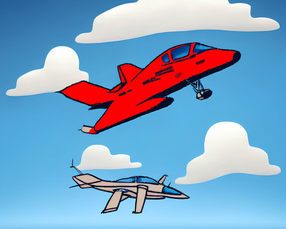 Cartoon airplanes flying in blue sky among clouds