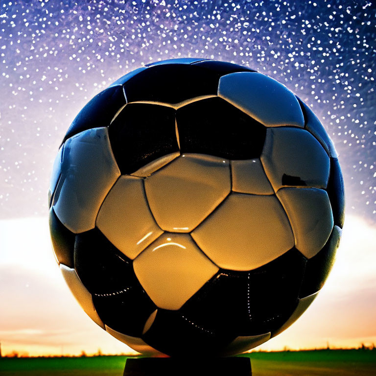 Black and white soccer ball against starry night sky and twilight horizon
