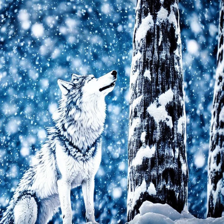 Snow-covered tree and howling wolf in wintry landscape