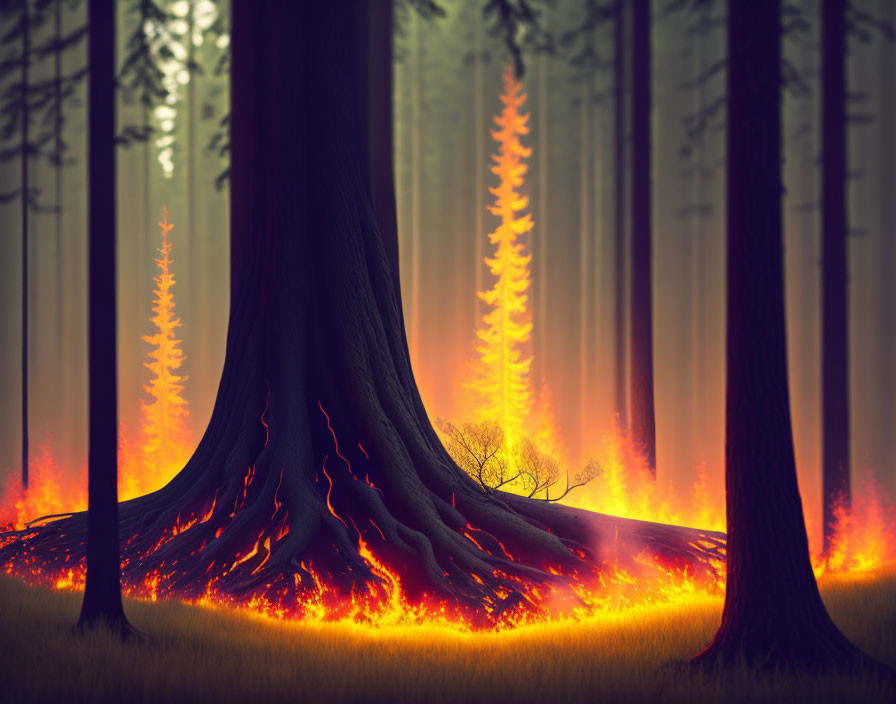 Forest fire at dusk: Flames engulfing trees, casting an eerie orange glow.