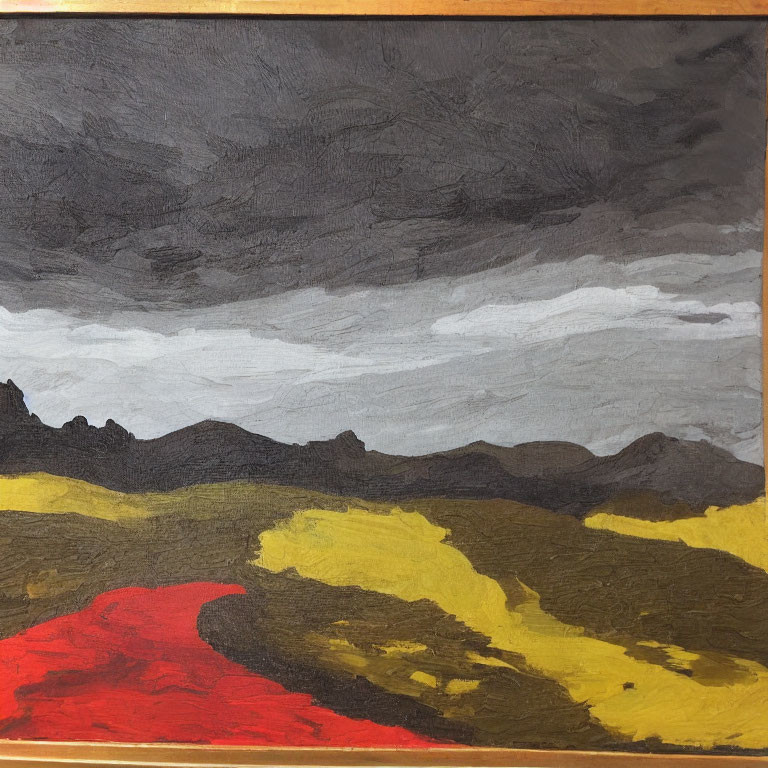 Dramatic landscape painting with dark clouds, rolling hills, and striking red contrast.
