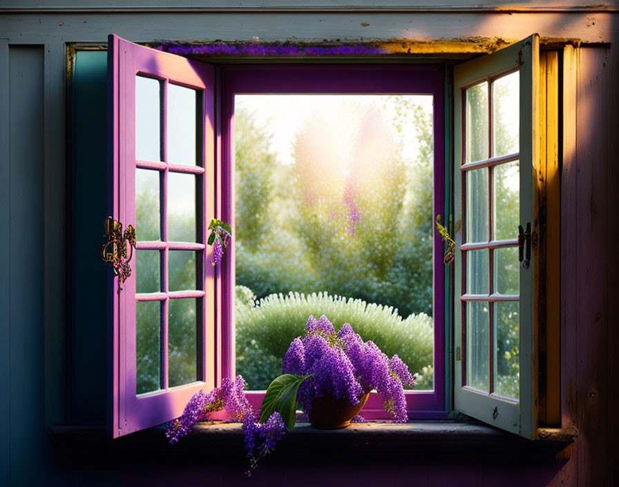 Purple Shutters and Flowers: Sunset View from Open Window