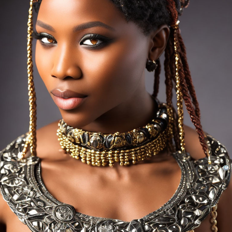 Woman with Striking Makeup and Gold Jewelry in Braided Hair