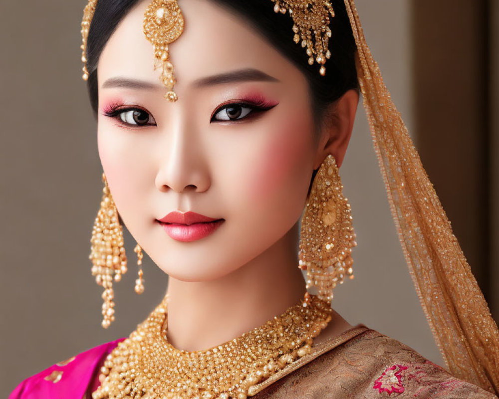South Asian bride in pink attire with elaborate gold jewelry and intricate makeup