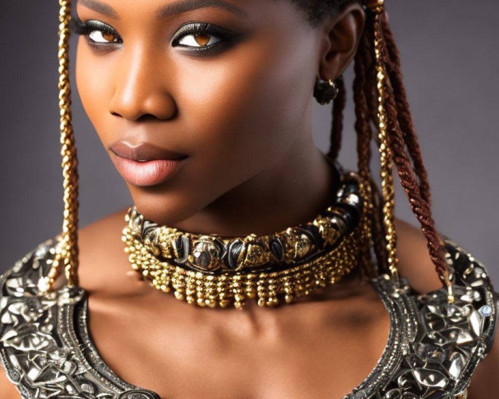 Woman with Striking Makeup and Gold Jewelry in Braided Hair