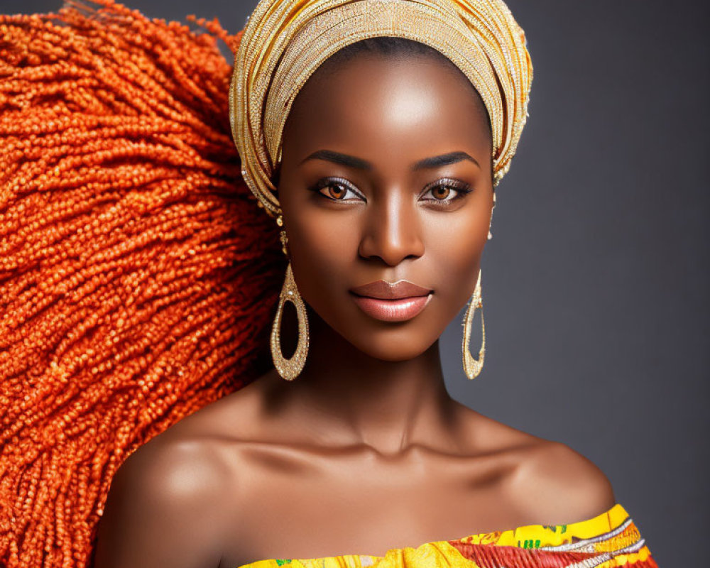 Woman in Yellow Head Wrap and Colorful Clothing Poses Against Grey Background