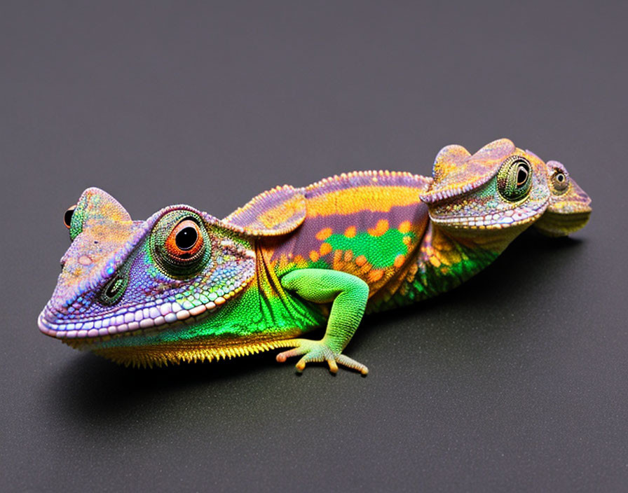Colorful Two-Headed Toy Chameleon with Intricate Patterns on Black Background