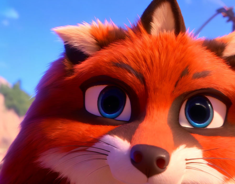 Animated red fox with large blue eyes against sunny blue sky
